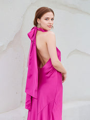 Hot Pink Satin Halter Neck Sleeveless Floor Length Dress With Bow
