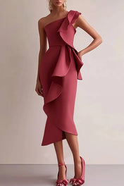 Semi-Formal Party Dress Red One-Shoulder Ruffle Asymmetrical Maxi Dress