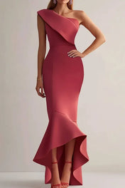 Party Semi-Formal Dress Red One-Shoulder Ruffle Mermaid Bodycon Midi Dress