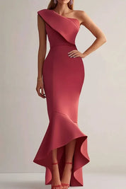 Party Semi-Formal Dress Red One-Shoulder Ruffle Mermaid Bodycon Midi Dress