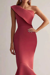 Party Semi-Formal Dress Red One-Shoulder Ruffle Mermaid Bodycon Midi Dress