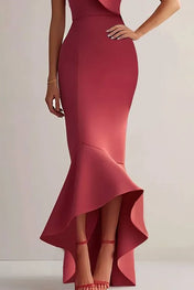 Party Semi-Formal Dress Red One-Shoulder Ruffle Mermaid Bodycon Midi Dress