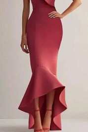 Party Semi-Formal Dress Red One-Shoulder Ruffle Mermaid Bodycon Midi Dress
