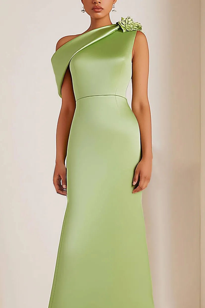 one shoulder sage green dress One Shoulder Satin Ruched Bridesmaid Dress - Sage
