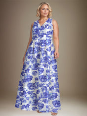 A-line V-Neck Azure Floral Mother of the Bride Dress