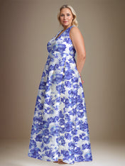 A-line V-Neck Azure Floral Mother of the Bride Dress
