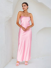 A Line Pink Satin Spaghetti Straps Sleeveless Ankle Length Dress