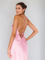 A Line Pink Satin Spaghetti Straps Sleeveless Ankle Length Dress