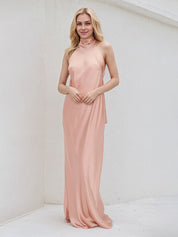 Pink Satin Halter Neck Sleeveless Floor Length Dress With Bow