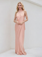 Pink Satin Halter Neck Sleeveless Floor Length Dress With Bow