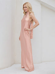 Pink Satin Halter Neck Sleeveless Floor Length Dress With Bow
