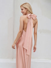 Pink Satin Halter Neck Sleeveless Floor Length Dress With Bow