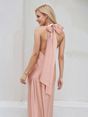 Pink Satin Halter Neck Sleeveless Floor Length Dress With Bow