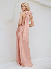 Pink Satin Halter Neck Sleeveless Floor Length Dress With Bow