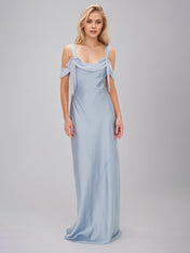 Steel Blue Satin Sheath/Column Spaghetti Straps Sleeveless Floor Length Bridesmaid Dresses