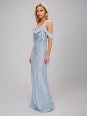 Steel Blue Satin Sheath/Column Spaghetti Straps Sleeveless Floor Length Bridesmaid Dresses