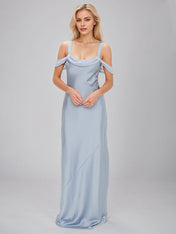 Steel Blue Satin Sheath/Column Spaghetti Straps Sleeveless Floor Length Bridesmaid Dresses