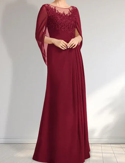 Robe de mère de la mariée trapèze en mousseline de soie et dentelle, longueur au sol, avec décolleté en V et paillettes plissées
