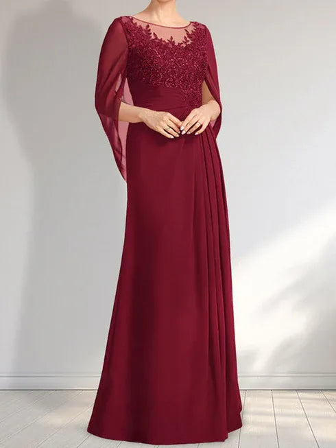 A-line Scoop Illusion Floor-Length Lace Chiffon Mother of the Bride Dress With Pleated Sequins