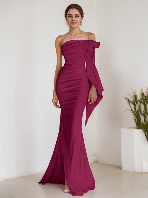 White Mermaid Strapless Sheath Satin Long Formal Dress with Slit