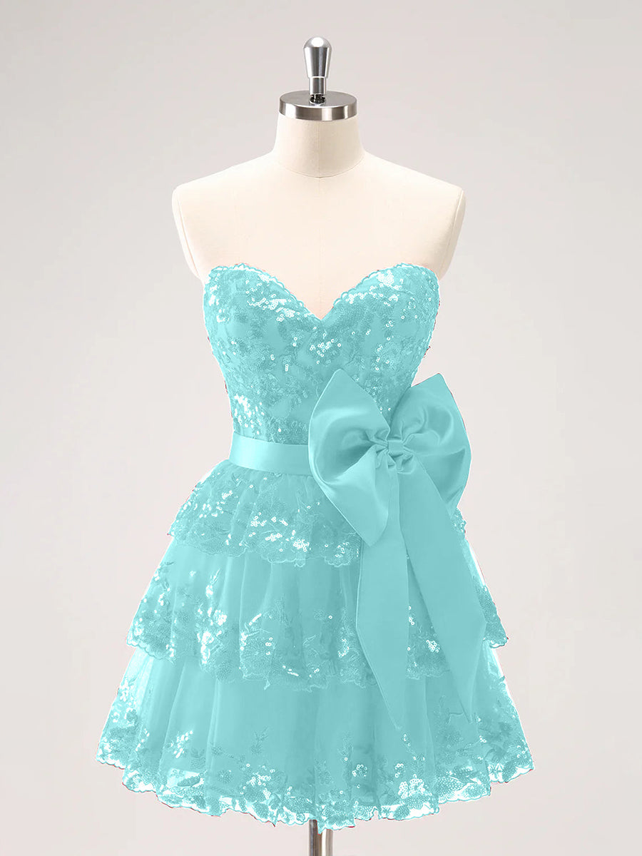 Sparkly A Line Sweetheart Corset Tiered Ruffle Homecoming Dress with Bows