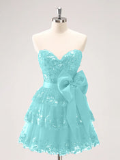 Sparkly A Line Sweetheart Corset Tiered Ruffle Homecoming Dress with Bows