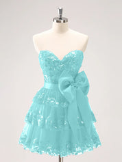 Sparkly Green A Line Sweetheart Corset Tiered Ruffle Homecoming Dress with Bows