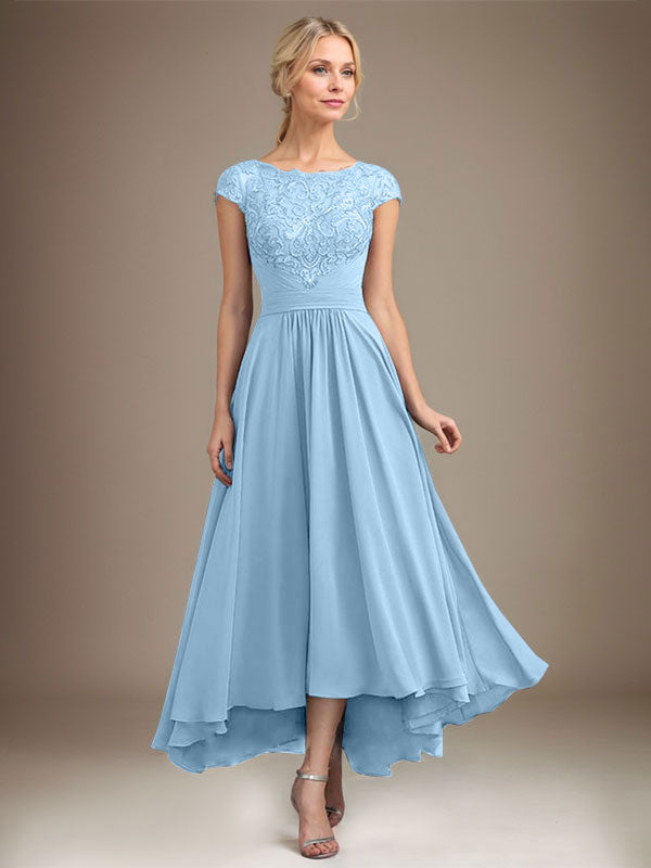 A-line Scoop Illusion Asymmetrical Lace Chiffon Mother of the Bride Dress With Pleated