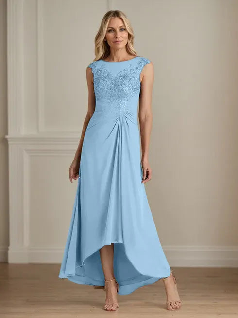 Champagne A-Line Scoop Lace Chiffon Dress