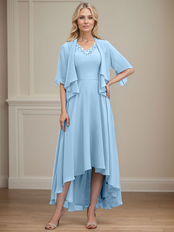 A-line V-Neck Asymmetrical Chiffon Mother of the Bride Dress With Beading Sequins