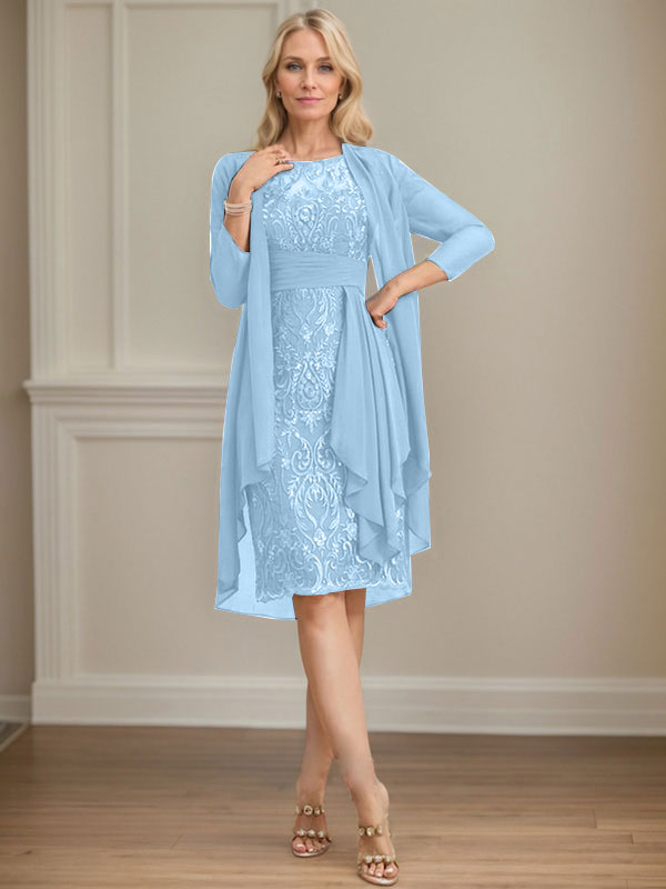 Column Scoop Illusion Knee-Length Lace Chiffon Mother of the Bride Dress With Cascading Ruffles Sequins