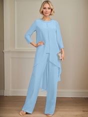 Separates Jumpsuit/Pantsuit Scoop Floor-Length Chiffon Mother of the Bride Dress With Sequins Beading