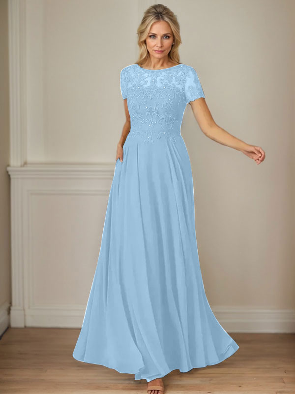 Dark Navy A-Line Boatneck Sequins Chiffon Dress