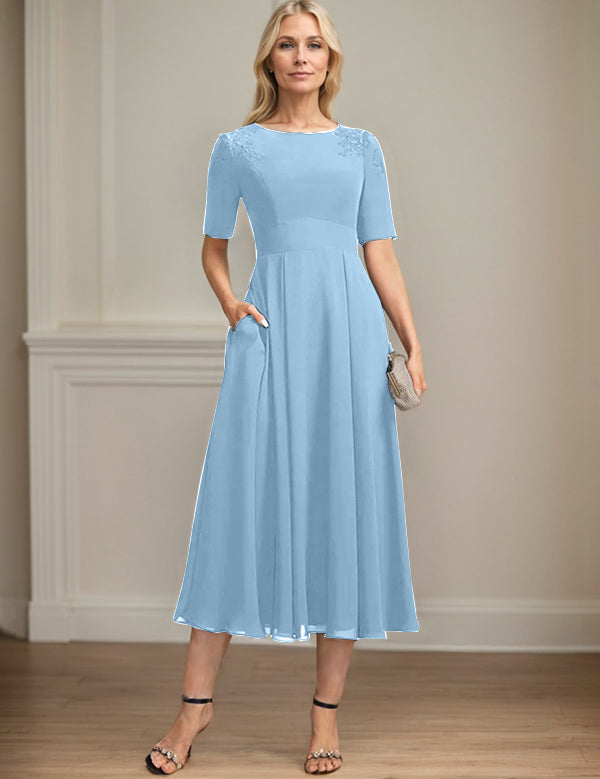 A-line Scoop Tea-Length Chiffon Mother of the Bride Dress With Appliques Lace Sequins
