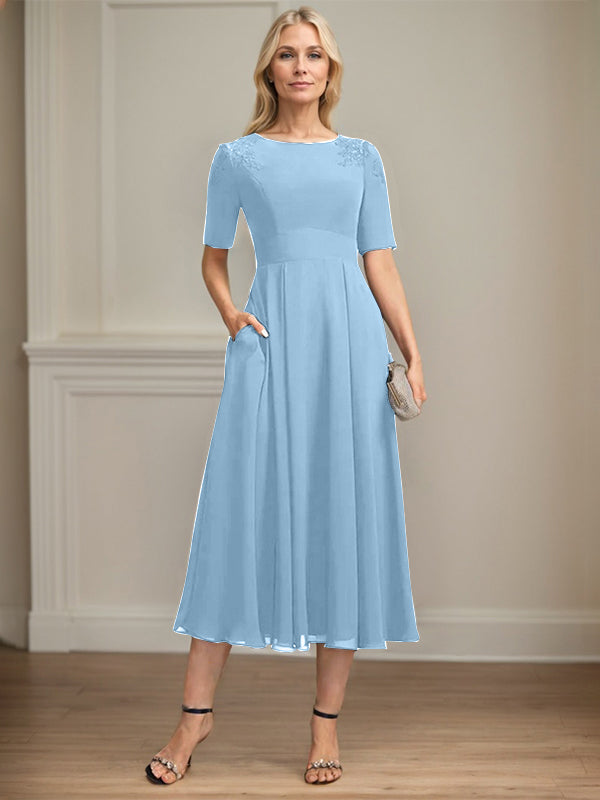 A-line Scoop Tea-Length Chiffon Mother of the Bride Dress With Appliques Lace Sequins
