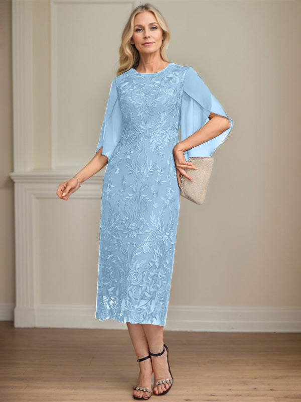 Column Scoop Tea-Length Lace Chiffon Mother of the Bride Dress
