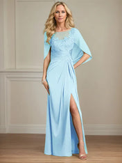 Sheath/Column Satin Scoop Neck Cap Sleeves Floor Length Mother Of The Bride Dresses