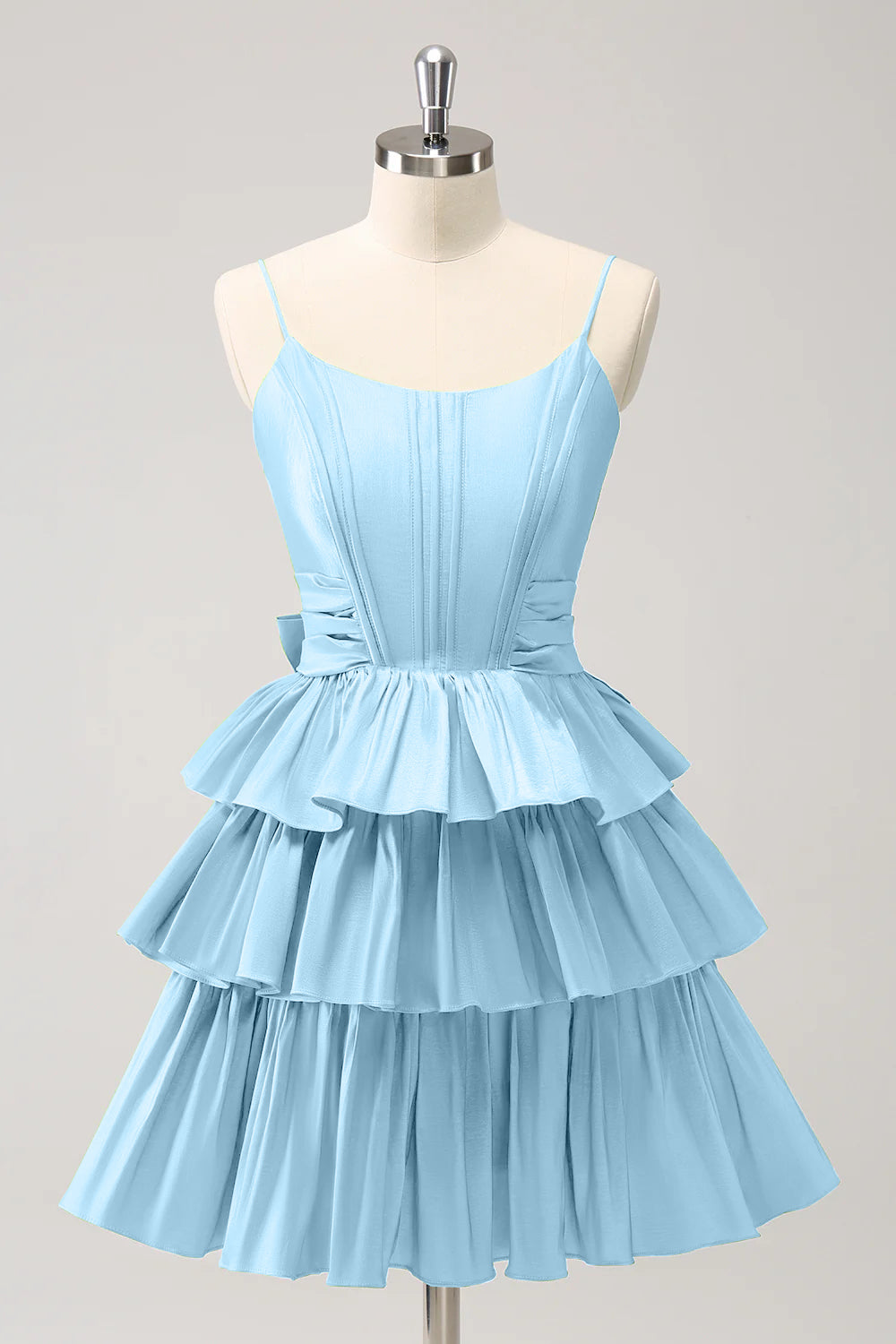 Hot Pink A Line Spaghetti Straps Corset Tiered Ruffle Homecoming Dress with Bow