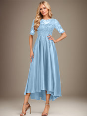 A-line Scoop Illusion Asymmetrical Stretch Satin Lace Mother of the Bride Dress With Sequins