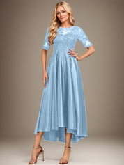 A-line Scoop Illusion Asymmetrical Stretch Satin Lace Mother of the Bride Dress With Sequins
