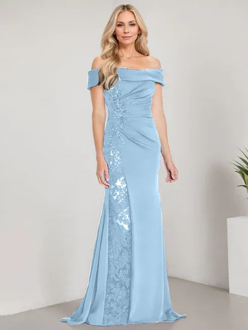A-Line Off the Shoulder Floor-Length Mother of the Bride Dress Applique Beadings Mermaid Dress With  High Split