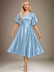 A-line V-Neck Tea-Length Stretch Satin Mother of the Bride Dress With Beading Pleated