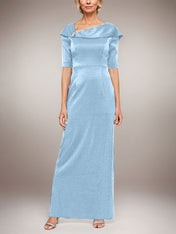 Long Shimmer Column Dress with Foldover Cuff L-Neckline and Elbow Sleeves