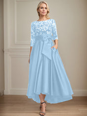 A-line Scoop Illusion Asymmetrical Satin Lace Mother of the Bride Dress With Bow