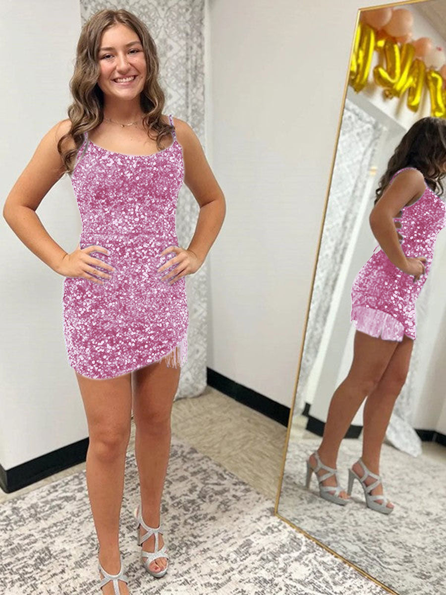 Royal Blue Fitted Spaghetti Straps Short Sequin Homecoming Dress
