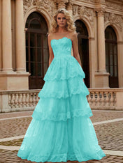 Red Tiered Tulle Strapless Lace Bodice A-Line Long Prom Dress