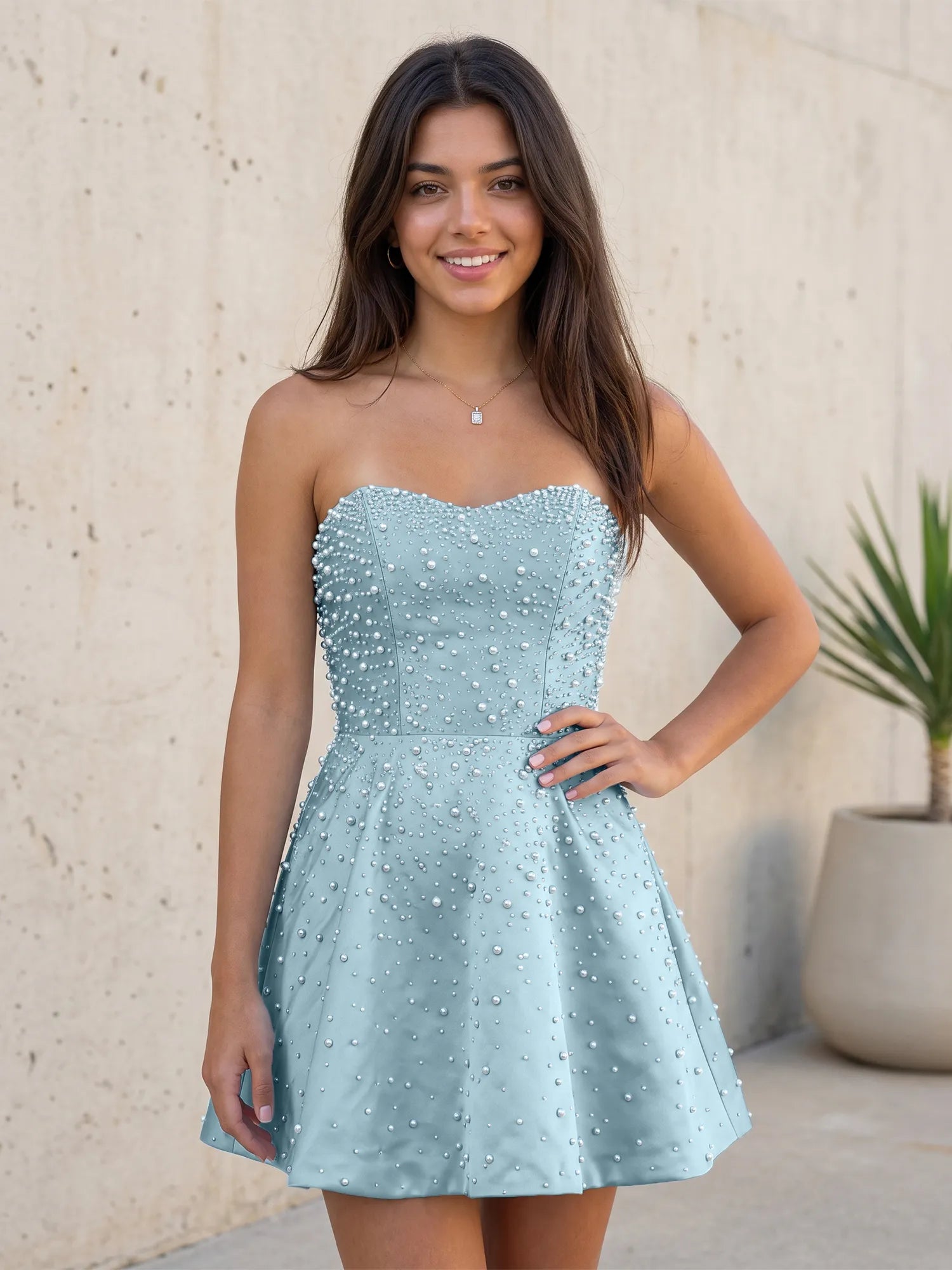 Baby Blue All Over Pearl Strapless Satin A-Line Mini Homecoming Dresses
