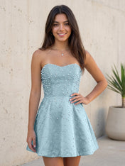 Baby Blue All Over Pearl Strapless Satin A-Line Mini Homecoming Dresses
