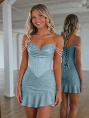 Sweetheart Neck Pearl Strap Beaded Mini Homecoming Dress
