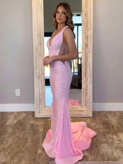 Baby Pink V-Neck Pearl Embellished Prom Dresses